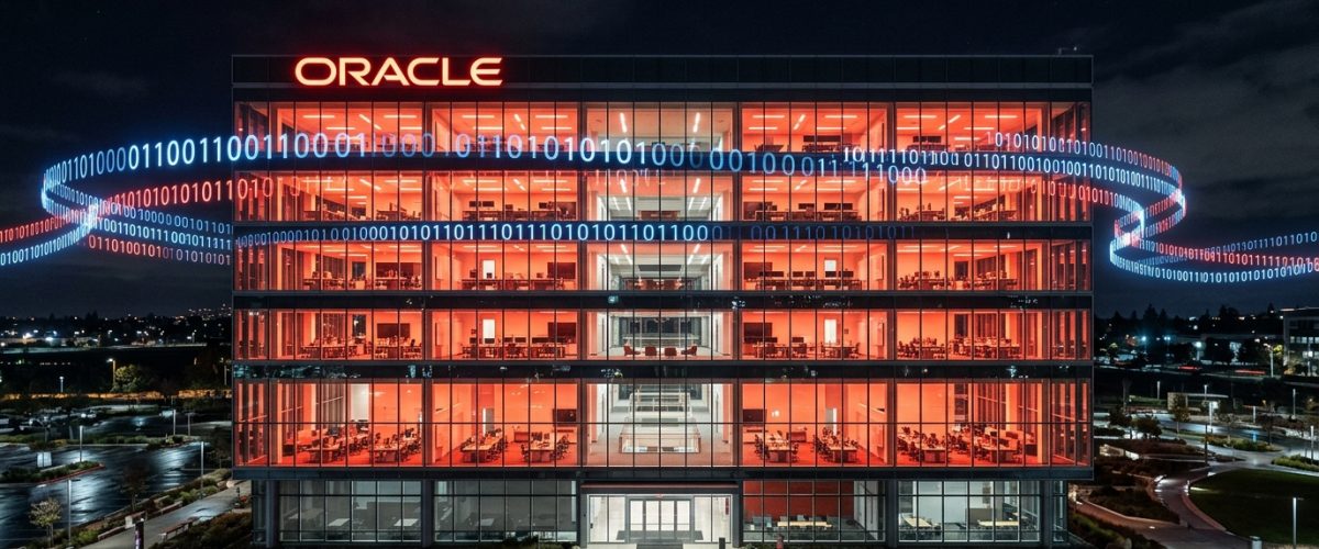 Oracle corporate office with empty desks symbolizing mass layoffs amid AI automation