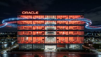 Oracle corporate office with empty desks symbolizing mass layoffs amid AI automation