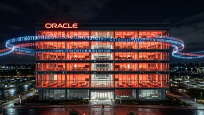 Oracle corporate office with empty desks symbolizing mass layoffs amid AI automation