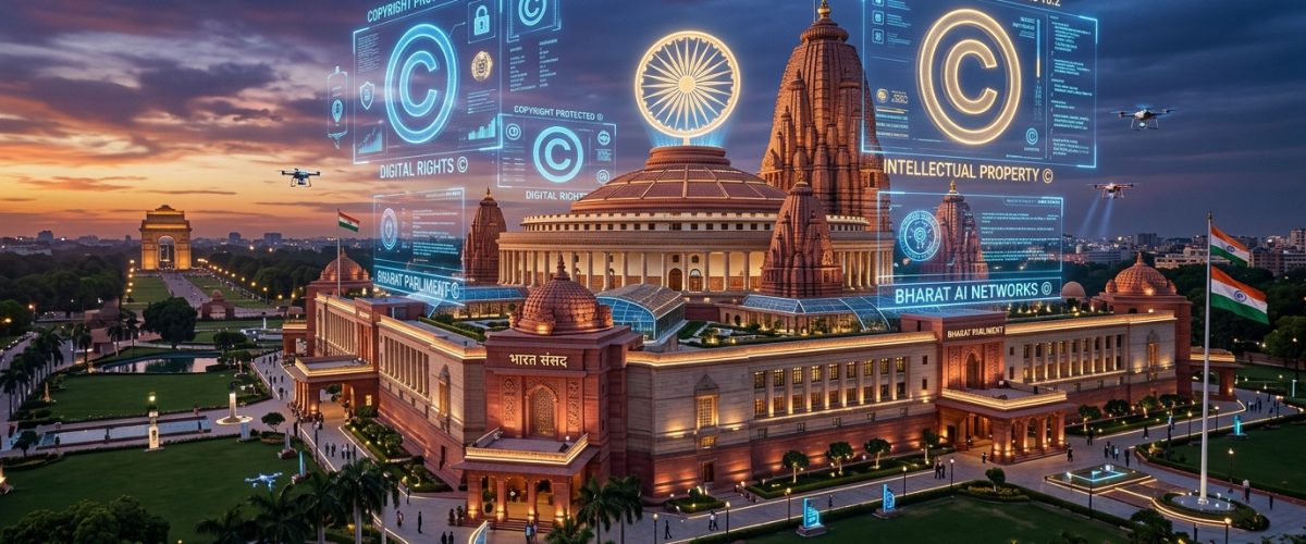 Indian government building with AI and digital copyright symbols representing new AI regulations
