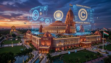 Indian government building with AI and digital copyright symbols representing new AI regulations