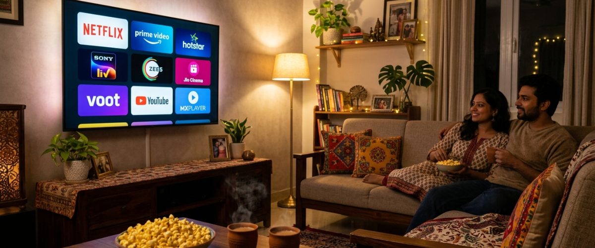 Indian living room setup for OTT streaming night with multiple platform logos on TV screen