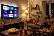 Indian living room setup for OTT streaming night with multiple platform logos on TV screen