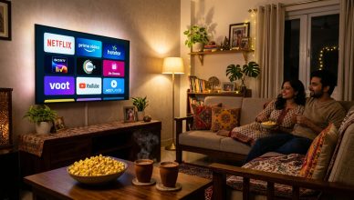 Indian living room setup for OTT streaming night with multiple platform logos on TV screen