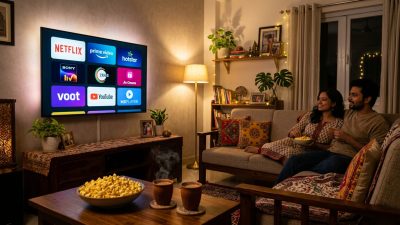 Indian living room setup for OTT streaming night with multiple platform logos on TV screen