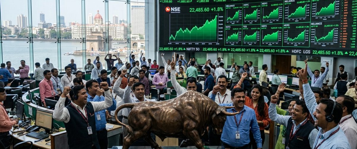 Indian stock exchange trading floor with green rising charts during Q4 FY26 earnings rally