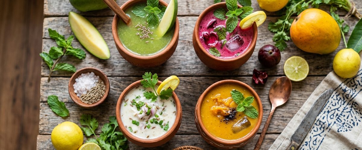 Traditional Indian summer cooling drinks aam panna kokum sattu bel sherbet in clay glasses