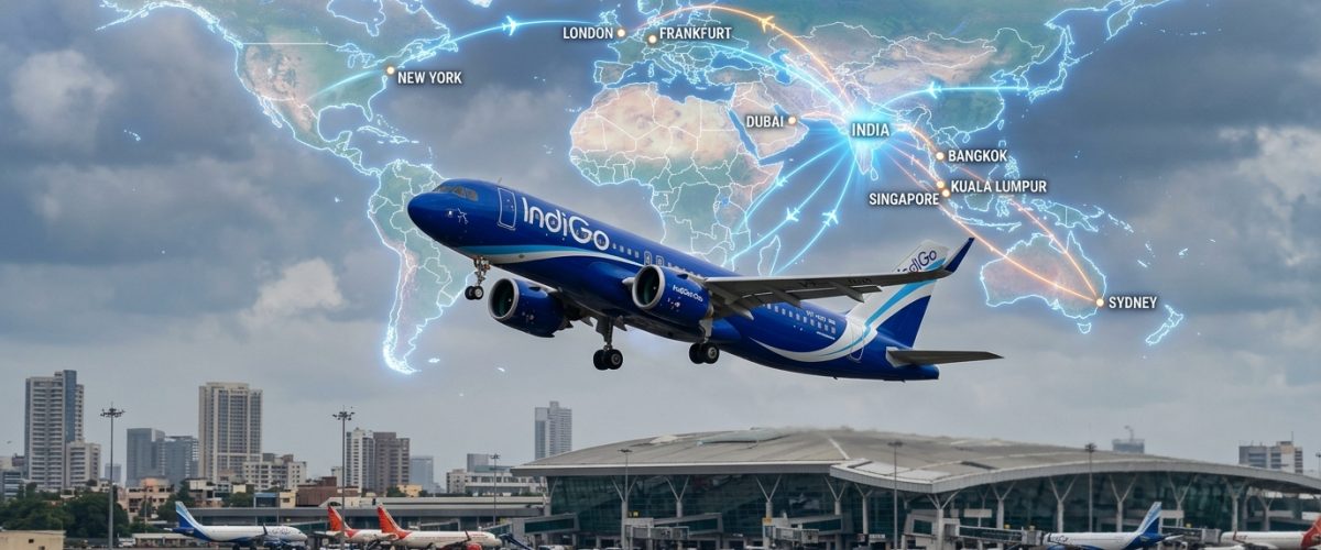 Indian commercial aircraft taking off symbolizing record international route expansion in 2026