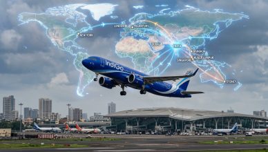 Indian commercial aircraft taking off symbolizing record international route expansion in 2026
