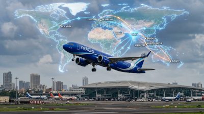 Indian commercial aircraft taking off symbolizing record international route expansion in 2026