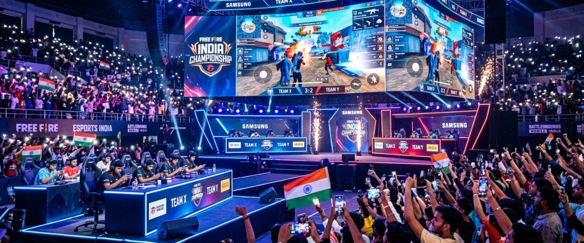Packed Indian esports arena hosting BGMI Masters Series 2026 with massive LED screens