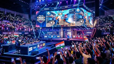Packed Indian esports arena hosting BGMI Masters Series 2026 with massive LED screens