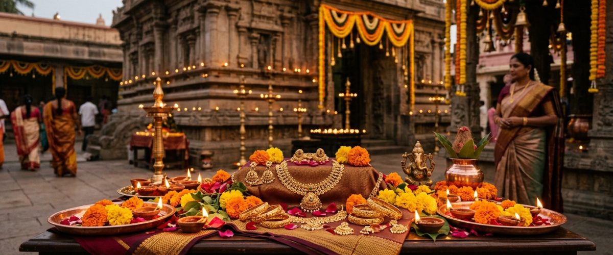 Gold jewelry display with diya lamps for Akshaya Tritiya 2026 celebrations in India