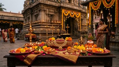 Gold jewelry display with diya lamps for Akshaya Tritiya 2026 celebrations in India