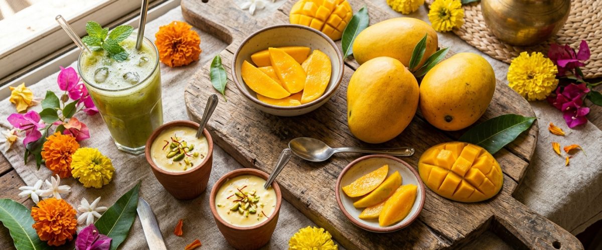 Alphonso mangoes and viral mango recipes including aam panna and mango malai on rustic wooden board