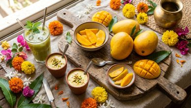 Alphonso mangoes and viral mango recipes including aam panna and mango malai on rustic wooden board