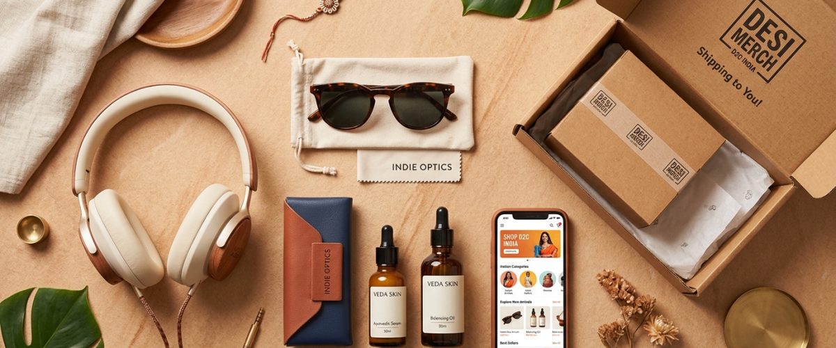 Creative flat-lay of Indian D2C brand products including headphones eyewear and skincare