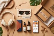 Creative flat-lay of Indian D2C brand products including headphones eyewear and skincare