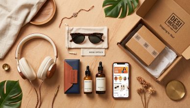 Creative flat-lay of Indian D2C brand products including headphones eyewear and skincare