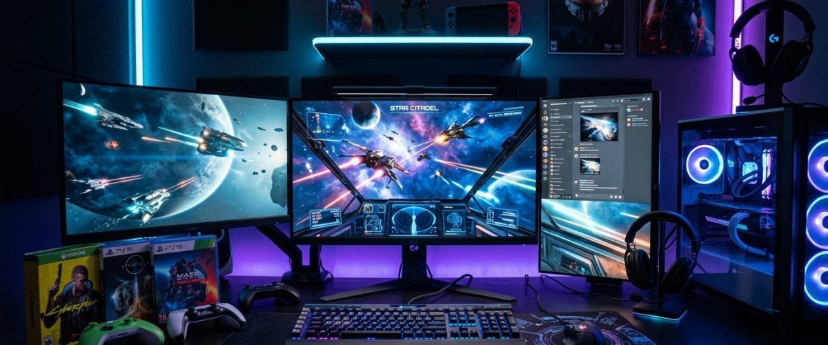 Modern PC gaming setup with monitors showing sci-fi game scenes and RGB lighting