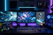 Modern PC gaming setup with monitors showing sci-fi game scenes and RGB lighting