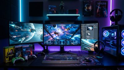 Modern PC gaming setup with monitors showing sci-fi game scenes and RGB lighting