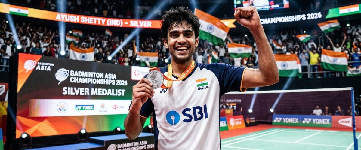 Indian badminton player celebrating silver medal at Badminton Asia Championships 2026