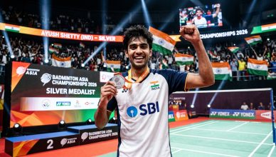 Indian badminton player celebrating silver medal at Badminton Asia Championships 2026