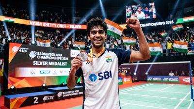Indian badminton player celebrating silver medal at Badminton Asia Championships 2026