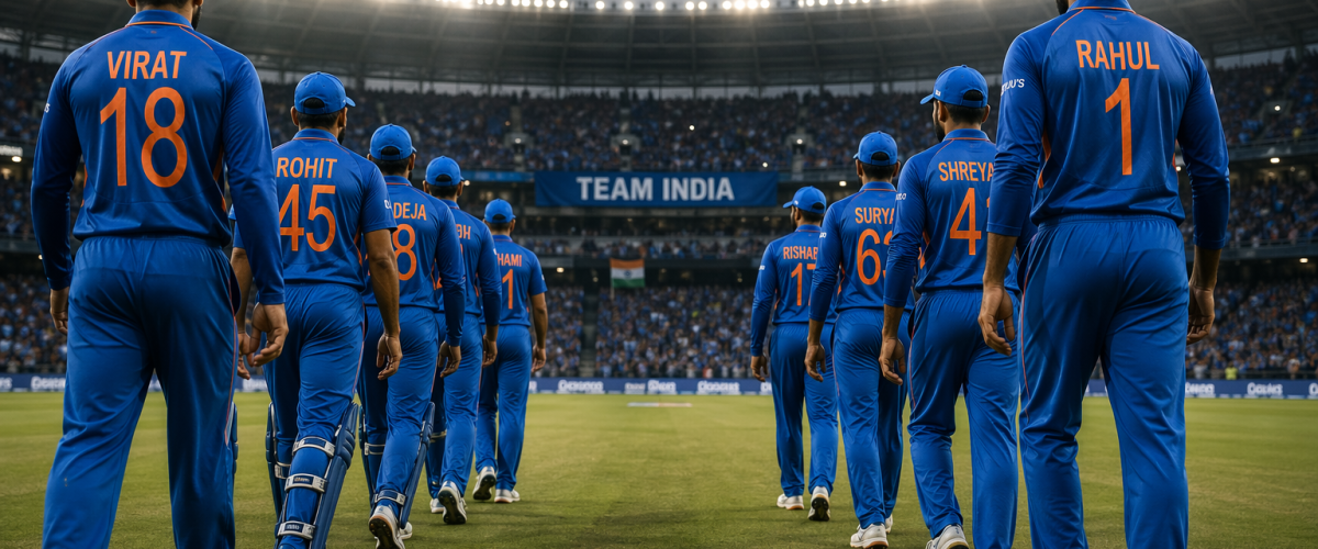 Two groups of Indian cricket players in blue jerseys walking in opposite directions symbolizing two teams