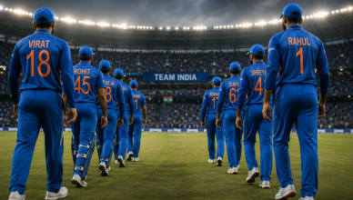Two groups of Indian cricket players in blue jerseys walking in opposite directions symbolizing two teams