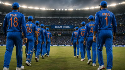 Two groups of Indian cricket players in blue jerseys walking in opposite directions symbolizing two teams