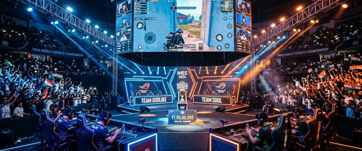 High-energy esports tournament arena with massive screens showing mobile game gameplay