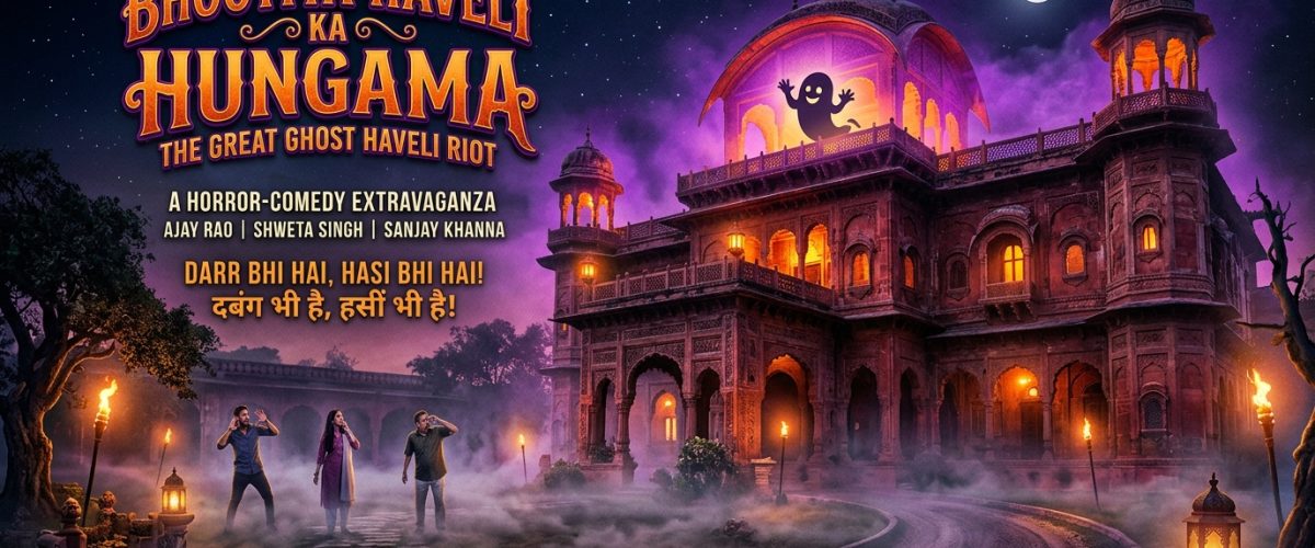 Haunted Indian mansion at night with dramatic lighting evoking Bollywood horror-comedy genre