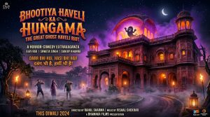Haunted Indian mansion at night with dramatic lighting evoking Bollywood horror-comedy genre