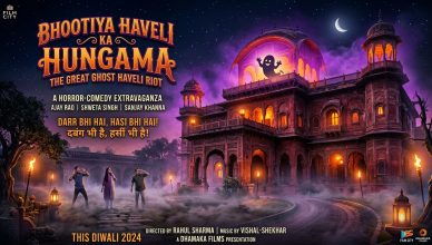 Haunted Indian mansion at night with dramatic lighting evoking Bollywood horror-comedy genre