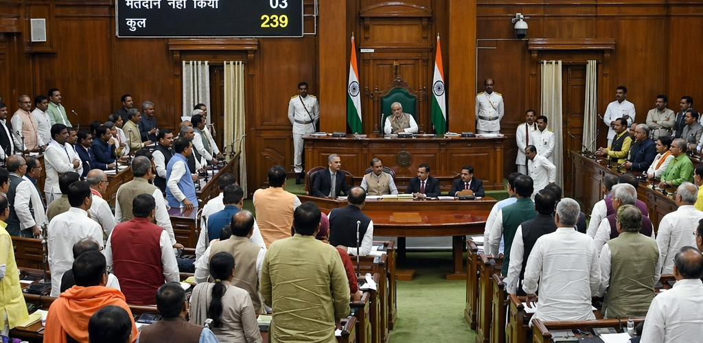 Bihar Vidhan Sabha during floor test vote with lawmakers standing as results are displayed