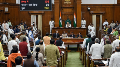 Bihar Vidhan Sabha during floor test vote with lawmakers standing as results are displayed