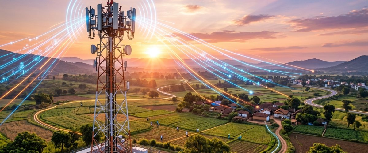 Modern telecom tower with 5G antenna arrays against sunrise sky in Indian landscape