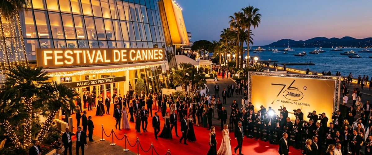 The iconic Cannes Film Festival red carpet and Palais des Festivals building at dusk