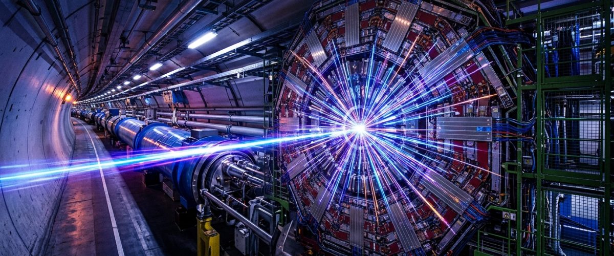 CERN Large Hadron Collider tunnel with particle collision visualization and blue energy beams