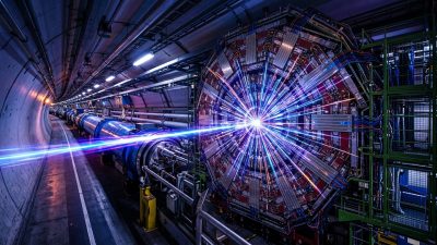 CERN Large Hadron Collider tunnel with particle collision visualization and blue energy beams