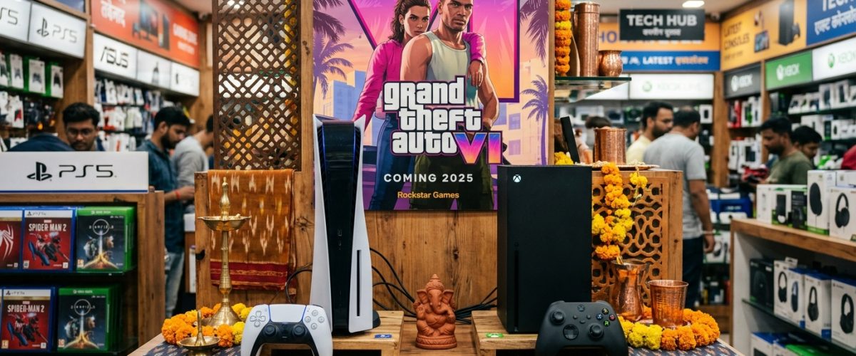 PlayStation 5 and Xbox Series X consoles on display with GTA VI promotional material
