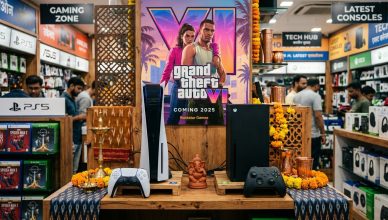 PlayStation 5 and Xbox Series X consoles on display with GTA VI promotional material