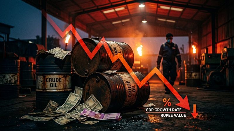 Crude oil barrels and falling Indian rupee economic pressure from Iran crisis 2026