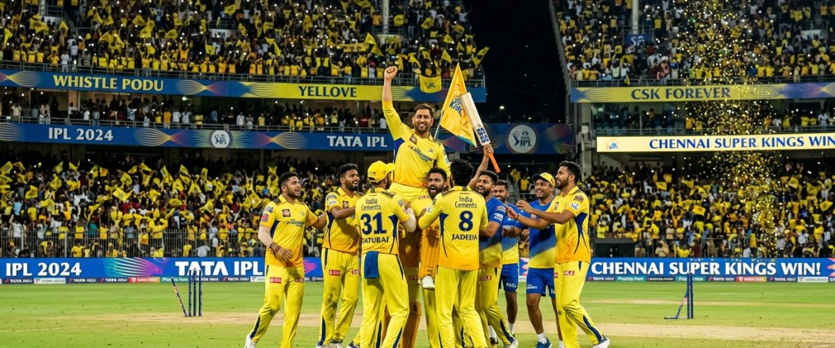 Cricket stadium during an IPL night match with floodlights and packed crowd