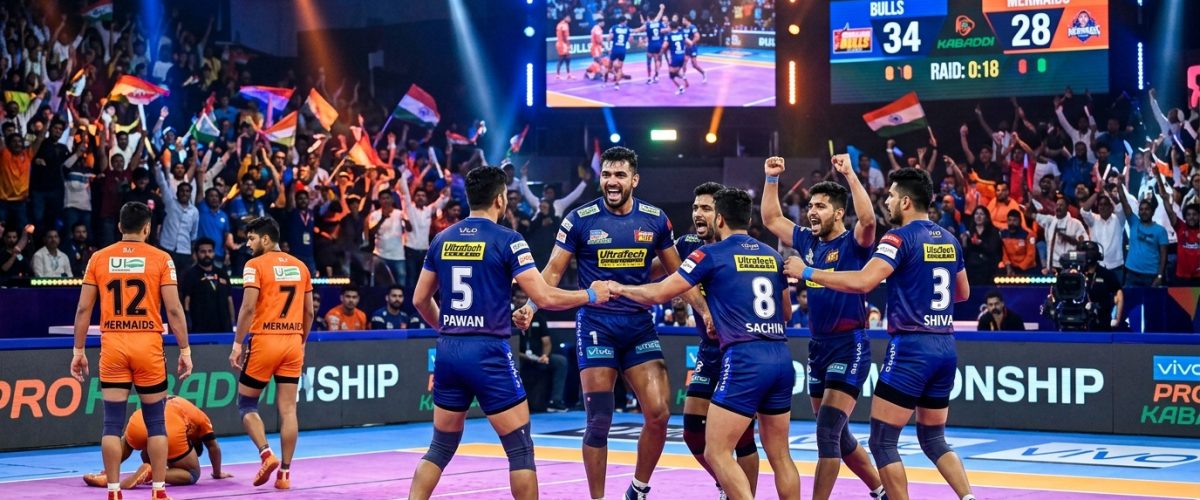 Pro Kabaddi League match action in a packed indoor stadium with team celebrating