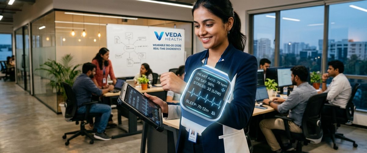 Futuristic health technology wearable device with biometric data visualization