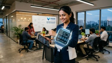 Futuristic health technology wearable device with biometric data visualization