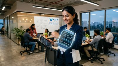 Futuristic health technology wearable device with biometric data visualization